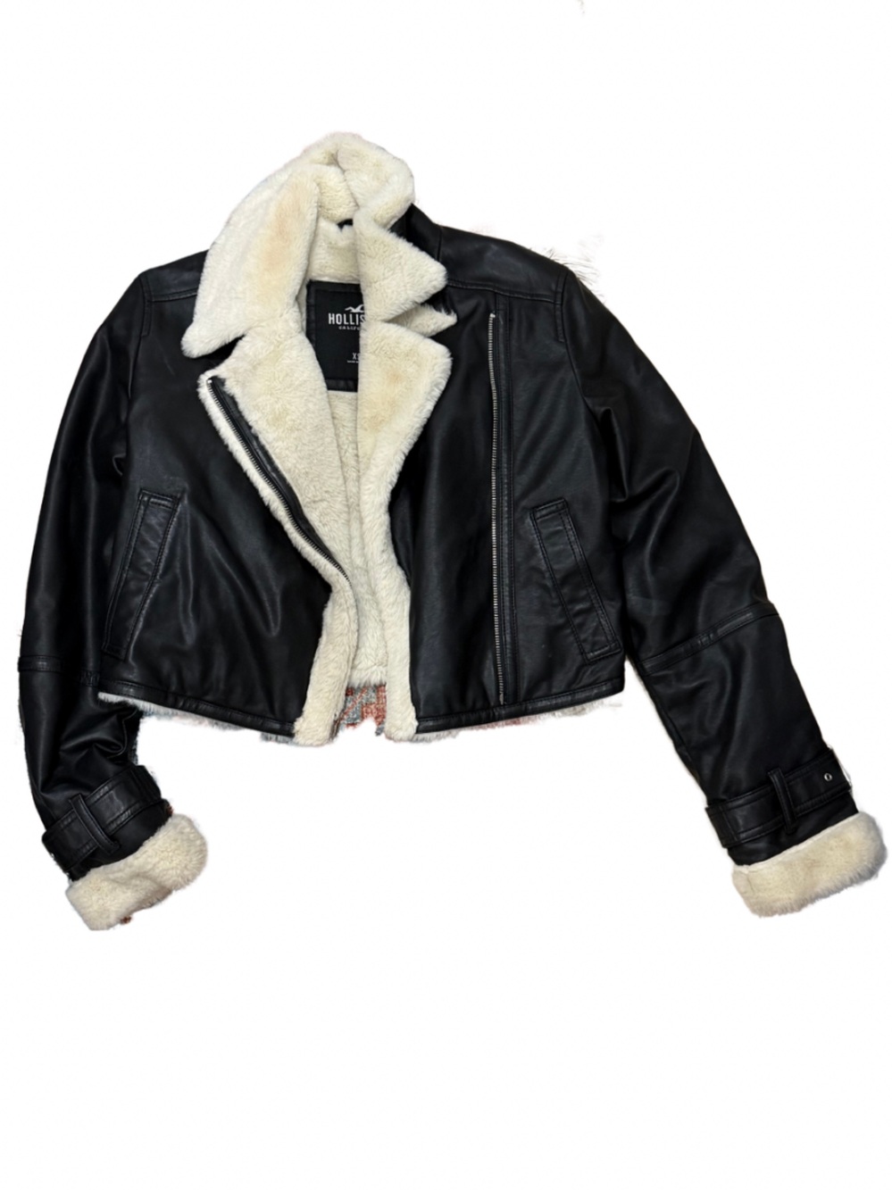 Hollister Black Faux Leather Jacket with Cream Sherpa Lining